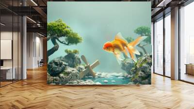 Goldfish swimming in a fish tank decorated in zen garden style Wall mural