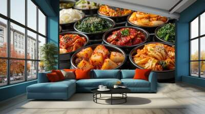 many kind of korean side dishes on white background Wall mural