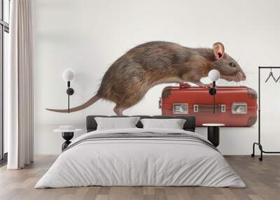 Mouse and suitcase on white background Wall mural