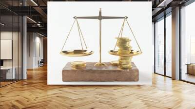 scale of justice with gold bars and coins on a white background Wall mural