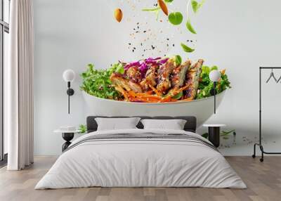 Vegetables falling into a grilled chicken salad Wall mural