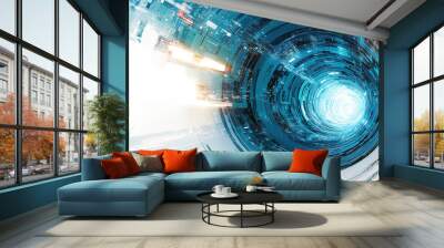 Abstract blue and white background with a central glowing circle and complex mechanical structures, suitable for promotional materials or advertisements related to technology or the web. Wall mural