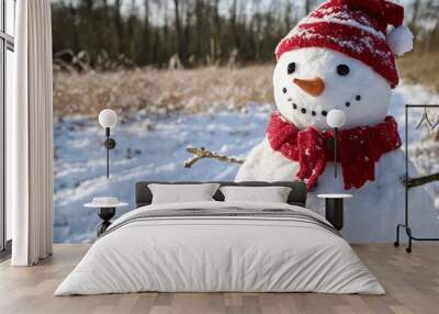 Festive Snowman in Snowy Field Wall mural