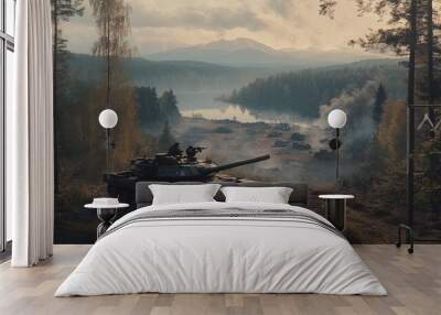 Military Tank Parked at Forest Edge with Stunning View Wall mural