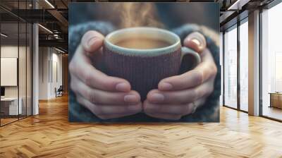 Warmth on a Cold Day: Close-Up of Hands Holding Steaming Coffee 1 Wall mural