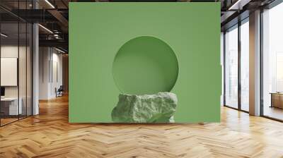 3D background, green podium, stone display. Nature Rock stand with sun shadow. Natural Cosmetic or beauty product promotion pedestal. Abstract minimal 3D render. Copy space spring, summer text mockup. Wall mural