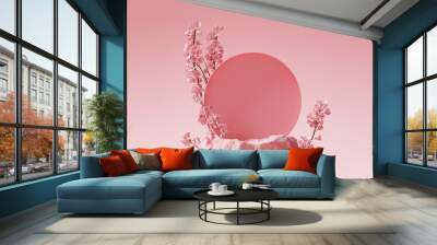 3D background, pink podium, stone display. Sakura pink flower tree branch with shadow. Floral Cosmetic or beauty product promotion step pedestal. Abstract minimal 3D render. Copy space spring mockup. Wall mural