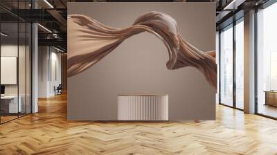 3D background. Beige podium, display mockup. Luxury brown silk flying cloth in motion. Beauty, cosmetic product presentation. Feminine template with copy space. 3d render advertisement.	 Wall mural