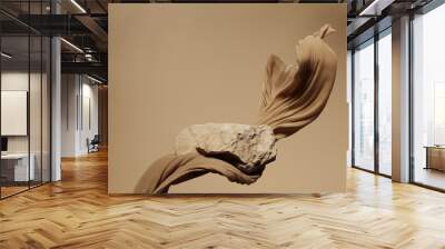 3D background. Podium,stone display. Beige luxury flying cloth in motion. Glamour minimal pedestal for beauty, cosmetic product presentation. Feminine mockup. Nude, brown template, studio 3d render Wall mural