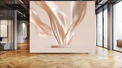 3D display podium, beige background with pedestal and flying nude color silk cloth curtain.Nature  wind. Beauty, cosmetic product presentation stand. Luxury feminine  template 3d render advertisement Wall mural