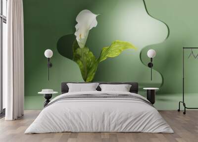 3D display podium pastel green background. White flower with leaf. Nature Blossom minimal pedestal for beauty, cosmetic product presentation. Summer and spring Feminine copy space template 3d render Wall mural