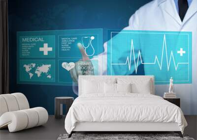 Doctor working on a virtual screen. medical technology concept. pulse Wall mural