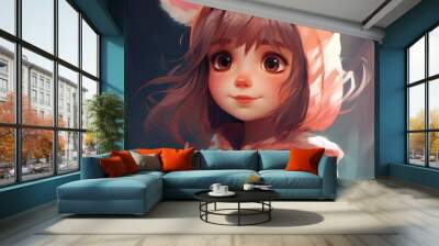 3D illustration of a cute cartoon girl. A beautiful girl is alone on the street, dressed in stylish demi-season clothes, a hat and with a backpack Wall mural