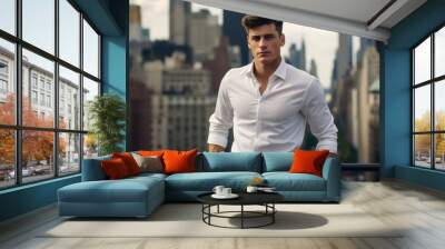 Photo of a handsome man in a stylish white classic shirt against the backdrop of the city. Style and fashion concept. Wall mural