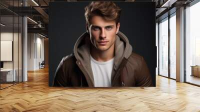 photo of a stylish man in a fashionable warm suit. On a light background. Style and fashion concept Wall mural