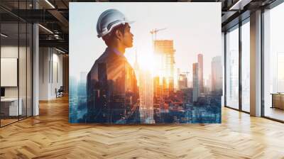 Visual background of a collage of different scenes. Management strategy and different concepts of building future cities. Double exposure. Wall mural