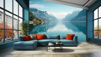 A Calm Lake Reflecting Majestic Mountains and Blue Sky Wall mural