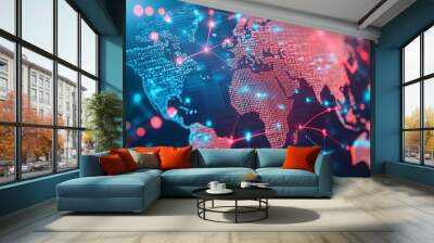 A digital representation of the world with red and blue glowing nodes connected by lines. Wall mural