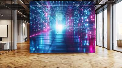 Abstract futuristic technology background with lines network high speed data transfer, big data, data center, server, internet, speed. dark blue and pink neon lights into digital technology tunnel Wall mural