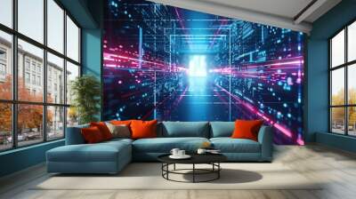 Abstract futuristic technology background with lines network high speed data transfer, big data, data center, server, internet, speed. dark blue and pink neon lights into digital technology tunnel Wall mural