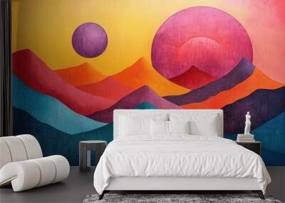 abstract oil painting that vividly depicts a sunrise over Mountains Wall mural