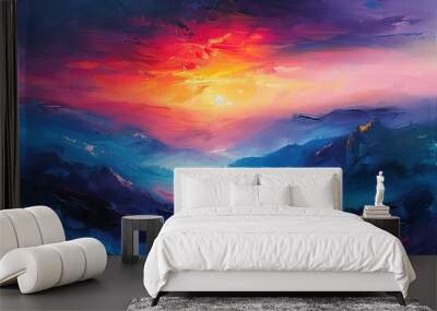 abstract oil painting that vividly depicts a sunrise over Mountains Wall mural