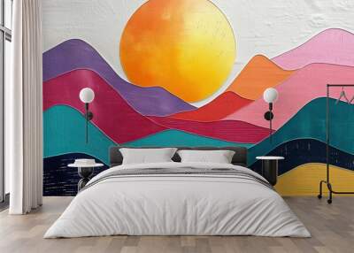 abstract oil painting that vividly depicts a sunrise over Mountains Wall mural