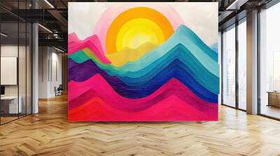 abstract oil painting that vividly depicts a sunrise over Mountains Wall mural