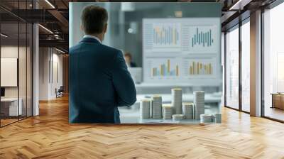 Businessman in Suit Facing Stacks of Coins with Charts in Background Wall mural