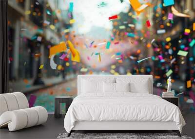 Celebrating on the street. A Celebration Unbound Multicolored Confetti Transforms the Street into a Festive Wall mural