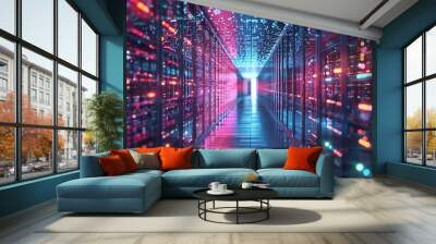 Data center rack server on server room, server room security, data center server, web host warehouse data server cabinets network storage database. Wall mural