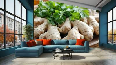 Fresh Ginger Root with Parsley on a Wooden Plate Wall mural