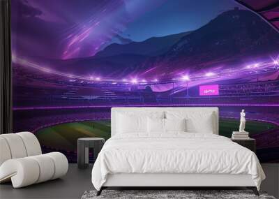 Modern cricket stadium glowing under purple lights during a night match Wall mural