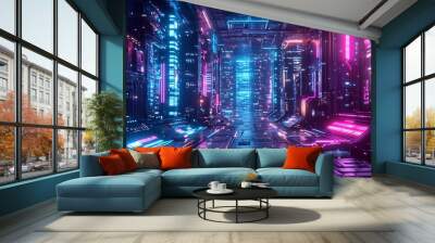 Neon Cityscape: A Futuristic Urban Corridor Wall mural