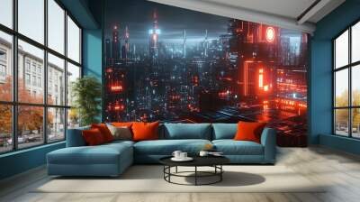 Neon Cityscape - A futuristic vision of a glowing city Wall mural