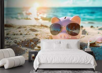 On a sunny beach in summer, a pink piggy bank sporting sunglasses lounges beside gold coins, embodying vacation budgeting, holiday savings, successful investments, banking wealth, and financial gains Wall mural