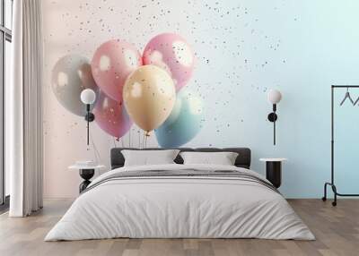 Pastel Balloons with Confetti Against a Soft Blue Background Wall mural