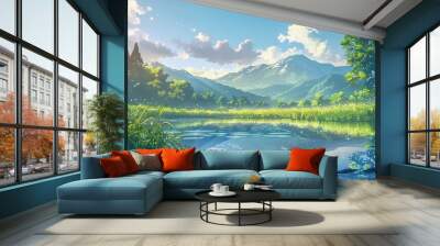 Serene Mountain Lake with Green Grass and Sunlight Wall mural