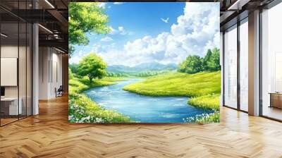 Serene River Winding Through Lush Green Meadow Under a Blue Sky Wall mural