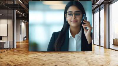  an indian female businesswoman in business entire suit is talking on the cell phone in the office Wall mural