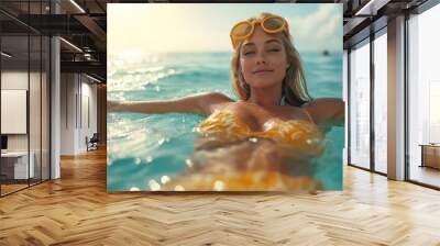 beautiful blonde tan woman wearing yellow siwmsuit and yellow sunglasses  is swimming in the clear green ocean water  Wall mural