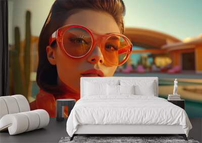 beautiful fashionista woman with fashion sunglasses under the heat and sunlight of the 70's desert h Wall mural