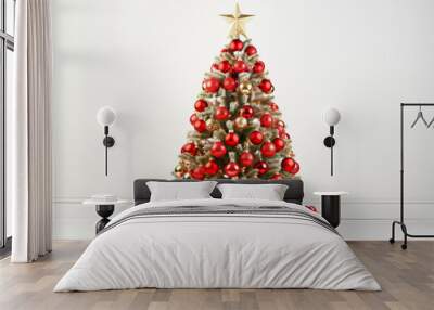 christmas tree with white snow one and red ornaments , big gold star on top of the tree in the all white background with giftboxes under the tree Wall mural