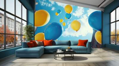 colorful balloons flying on the bright blue sky  Wall mural