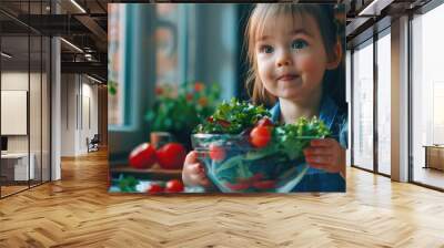 elementary school kid, baby girl love having organic vegetable salad in the bowl in school lunch time  Wall mural