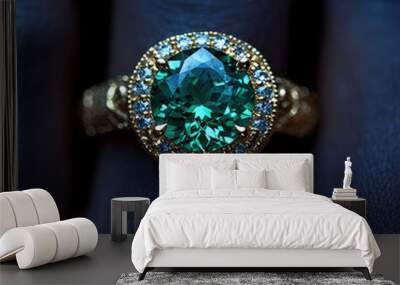 green emerald gold ring with diamond on black lady 's hand  Wall mural