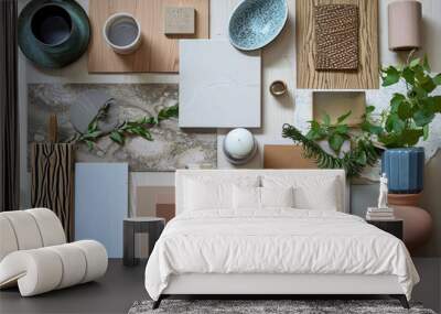 mood board for neutral , wood, pastel green ceramic and blue color  design  Wall mural