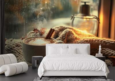 pumpkin spice latte cup of coffee and cinnamon sticks by the window looking out raining in the fall  Wall mural