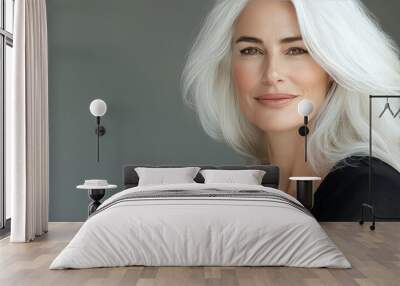 smiling  happy healthy silver hair  beautiful  middle age rich  woman grey background  Wall mural