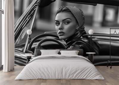 the beautiful model is dressing up and drive the  retro italian vintage convertible car with style  Wall mural